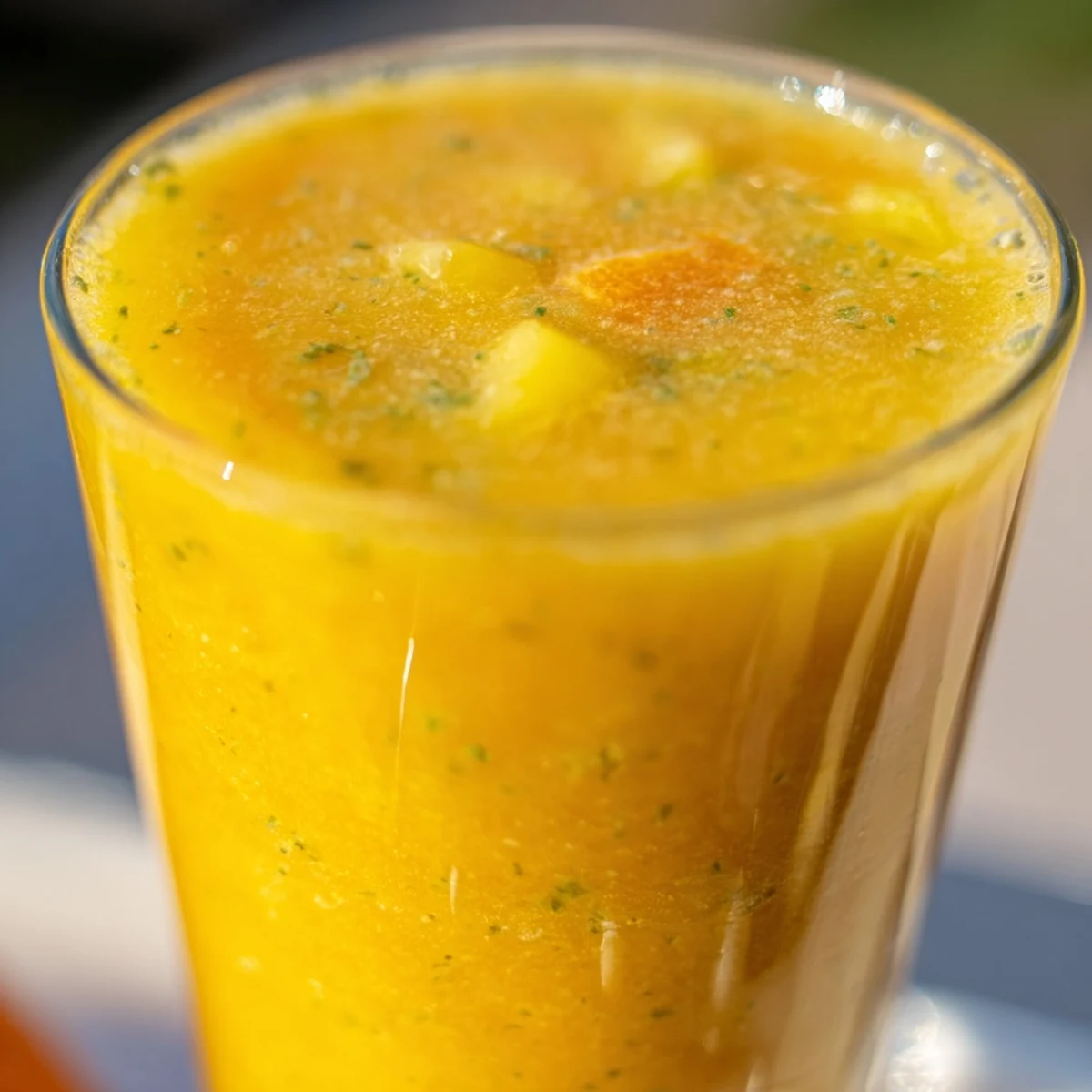 Two chilled glasses of Citrus Basil Smoothie garnished with basil, set beside sliced grapefruit and a tropical fruit platter for serving.