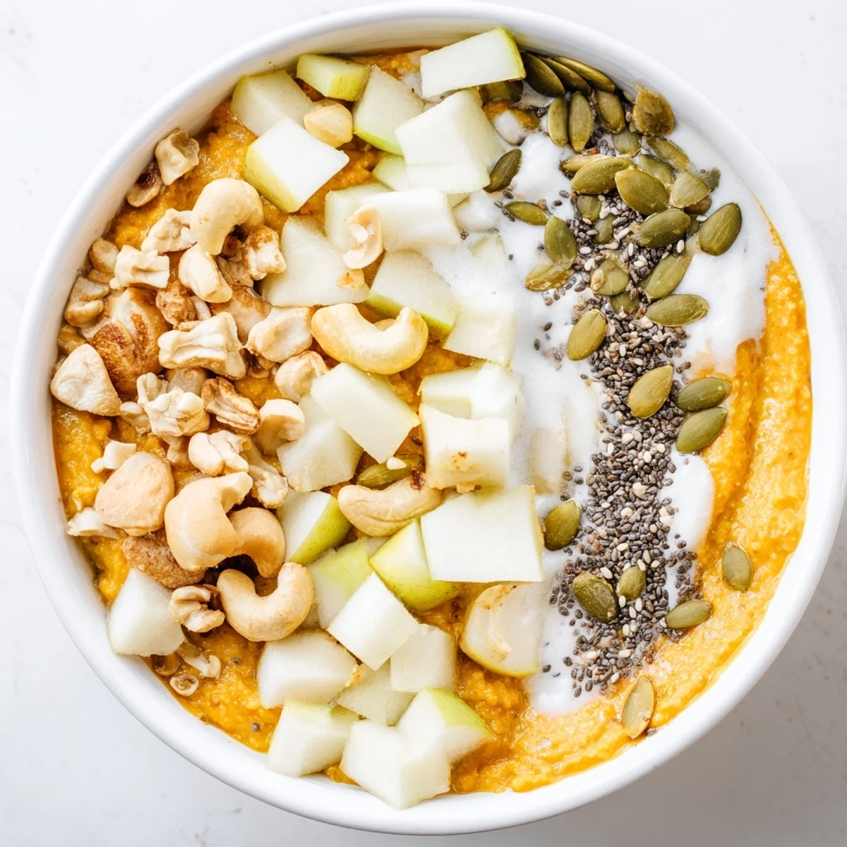 Creamy pumpkin cashew breakfast bowl topped with crunchy nuts, seeds, and diced apple for a nourishing morning meal.