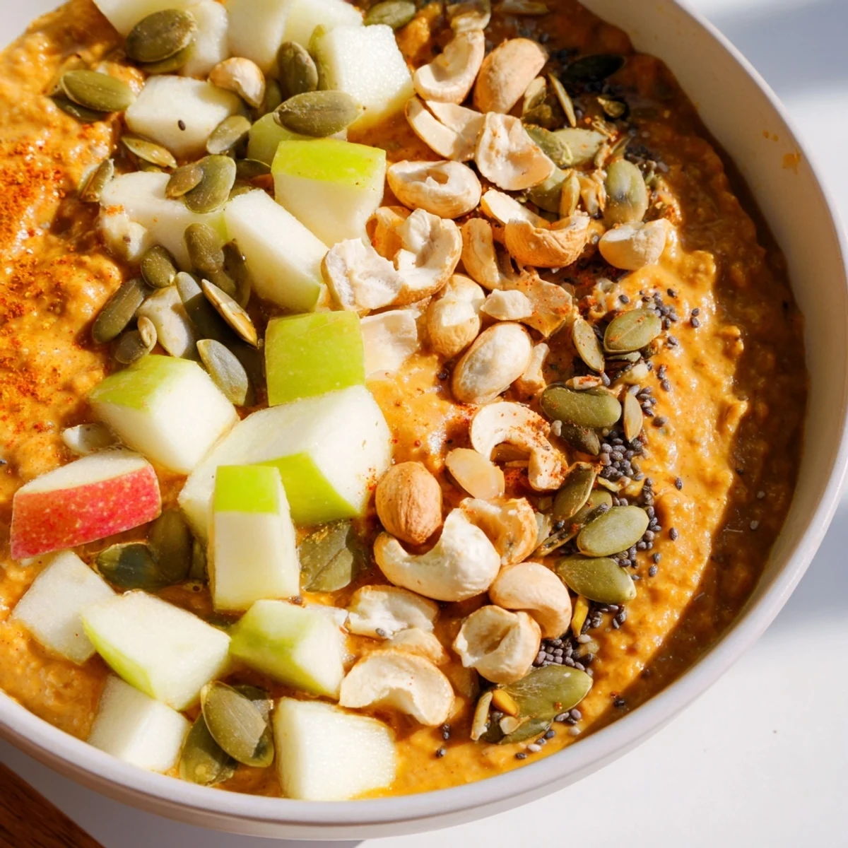 Healthy pumpkin cashew breakfast bowl with maple drizzle, served in a rustic ceramic bowl for a vibrant start.