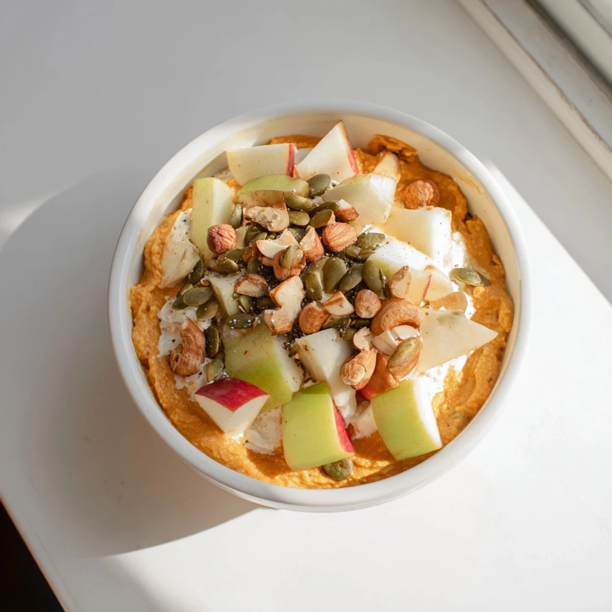 Warmly spiced pumpkin cashew breakfast bowl garnished with pepitas and cranberries, perfect for a cozy fall breakfast.