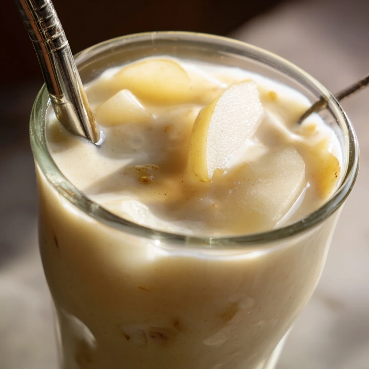 A tall glass of Ginger Pear Oat Smoothie with creamy texture and a slice of fresh pear on top.