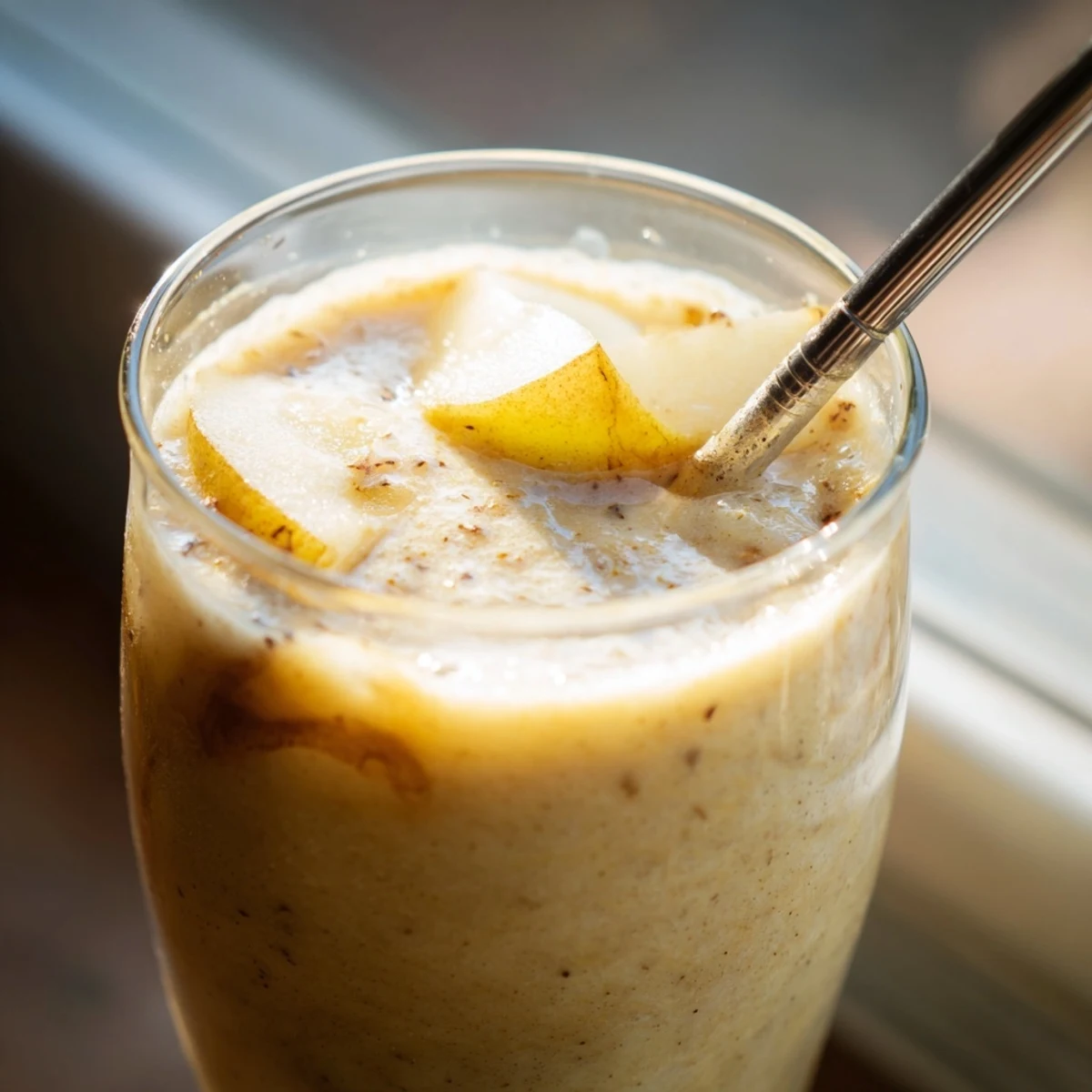 Two servings of the frothy Ginger Pear Oat Smoothie garnished with cinnamon sticks, served beside ripe pears.