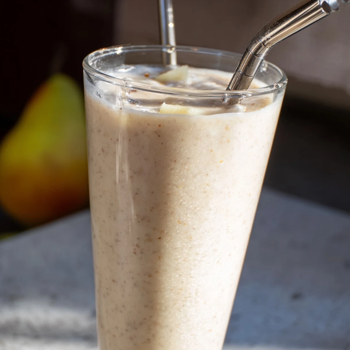 Blender making a cold and creamy Ginger Pear Oat Smoothie with oats, fresh ginger, and chopped pears.