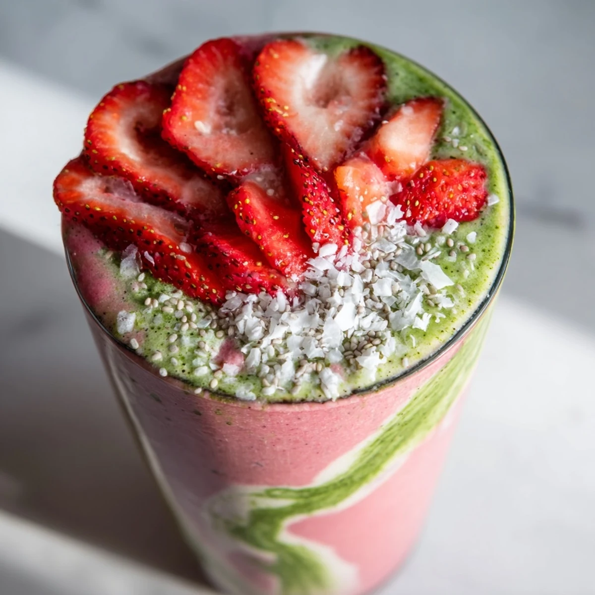 Vibrant Strawberry Matcha Coconut Smoothie in a glass, garnished with fresh strawberry slices and a sprinkle of matcha powder.
