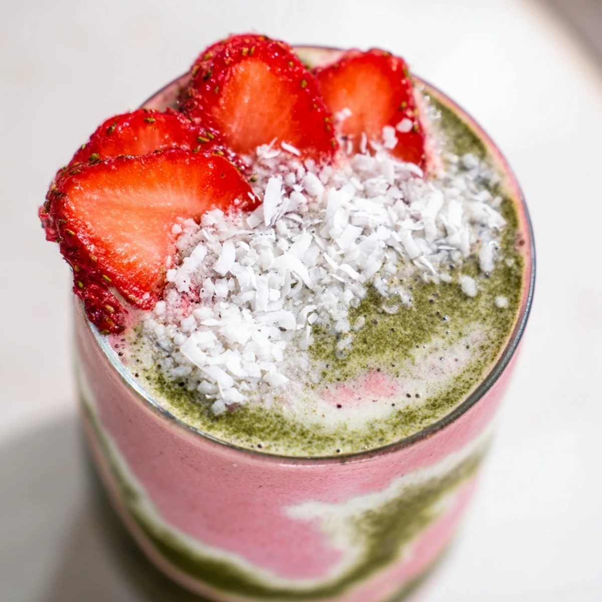 Close-up of a blender pouring the frothy green and pink Strawberry Matcha Coconut Smoothie into a tall glass.
