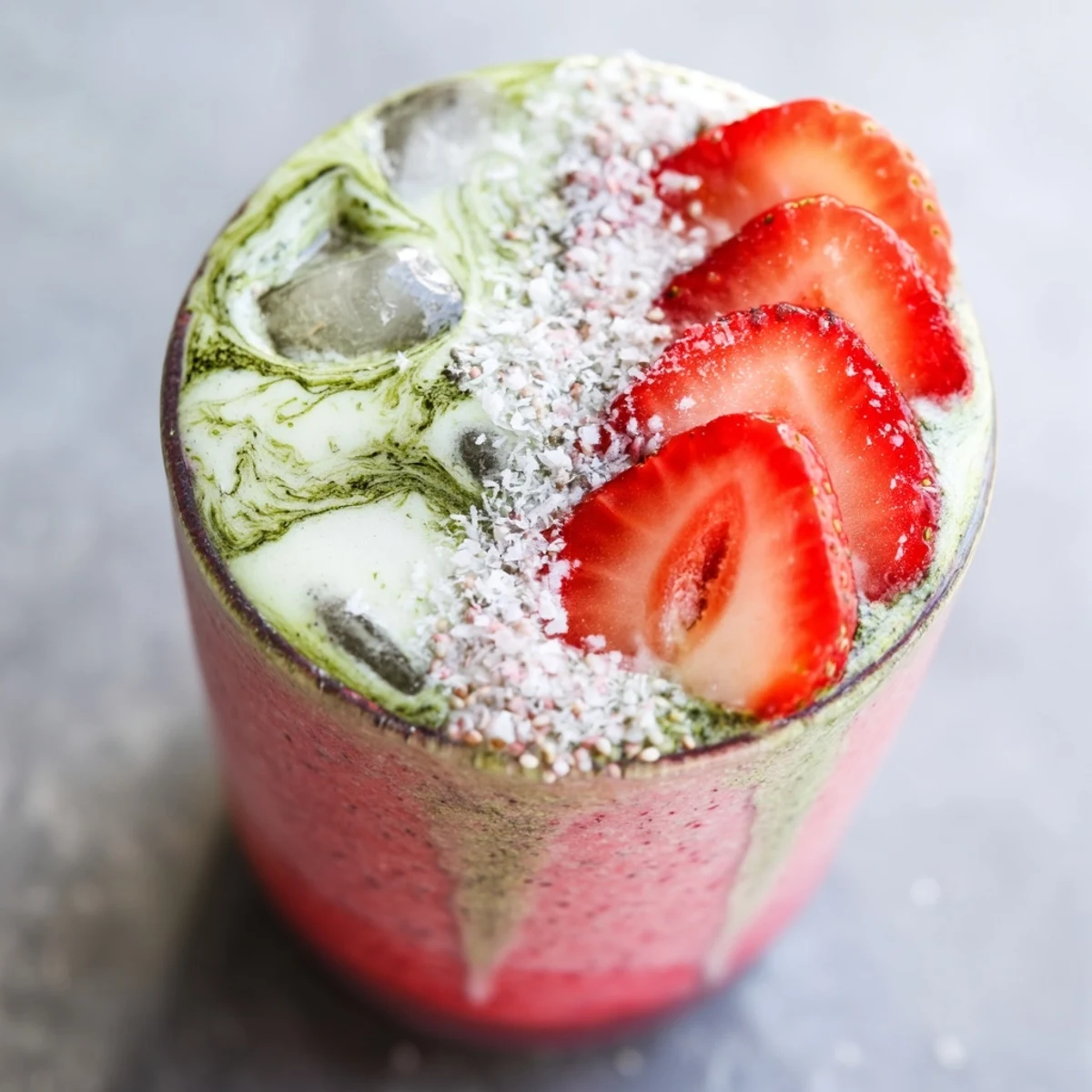 Two glasses of creamy Strawberry Matcha Coconut Smoothie topped with chia seeds and coconut flakes on a bright kitchen counter.