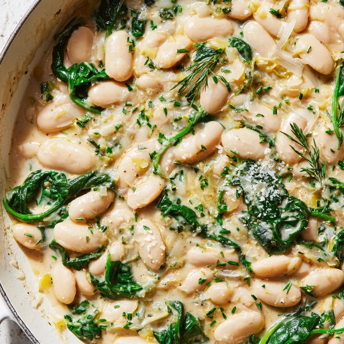Creamy White Bean and Herb Skillet in a rustic pan, topped with fresh parsley and chives, served alongside crusty bread.