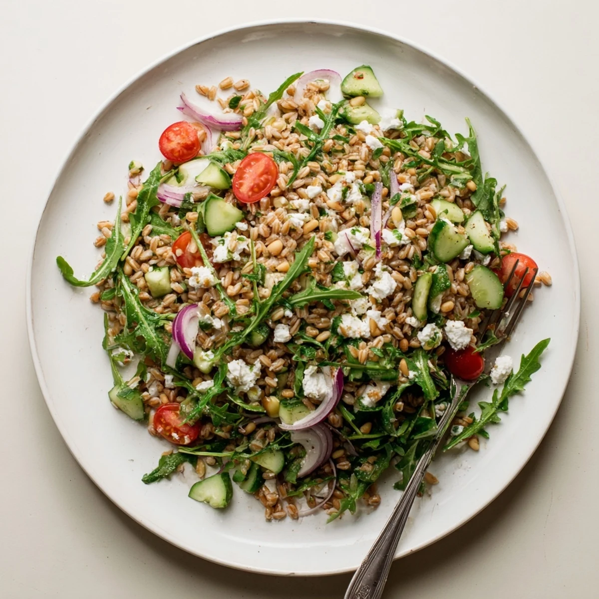 A bowl of Zesty Farro and Arugula Salad features chewy grains, peppery greens, cherry tomatoes, and feta with toasted nuts.