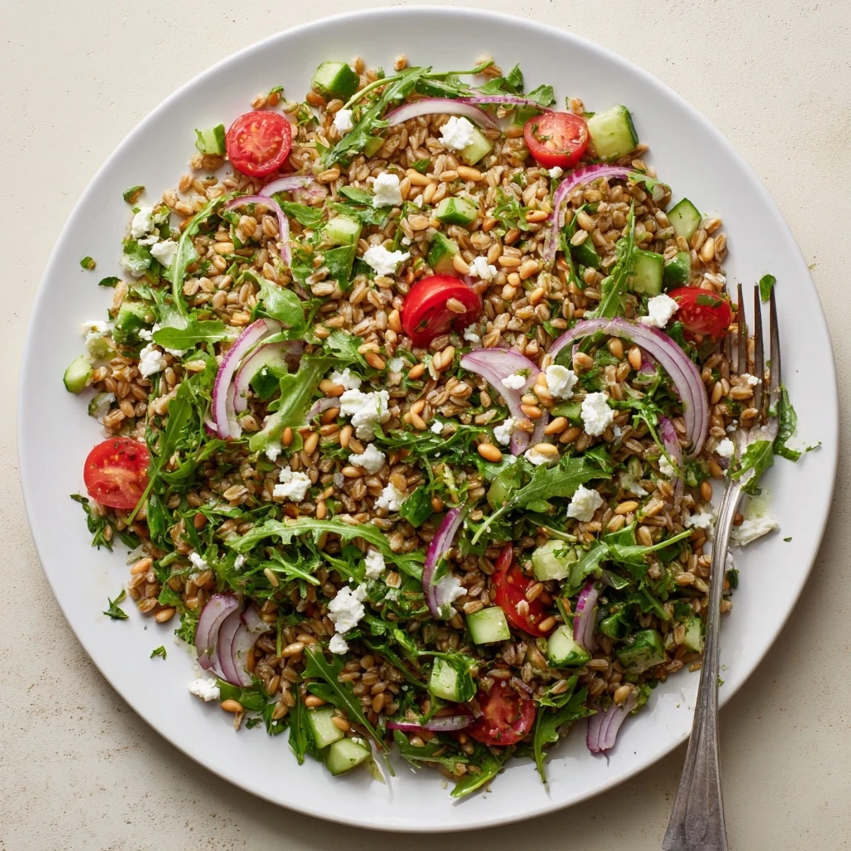 Fork-ready Zesty Farro and Arugula Salad tossed with red onion, cucumber, parsley, and a bright lemon vinaigrette.