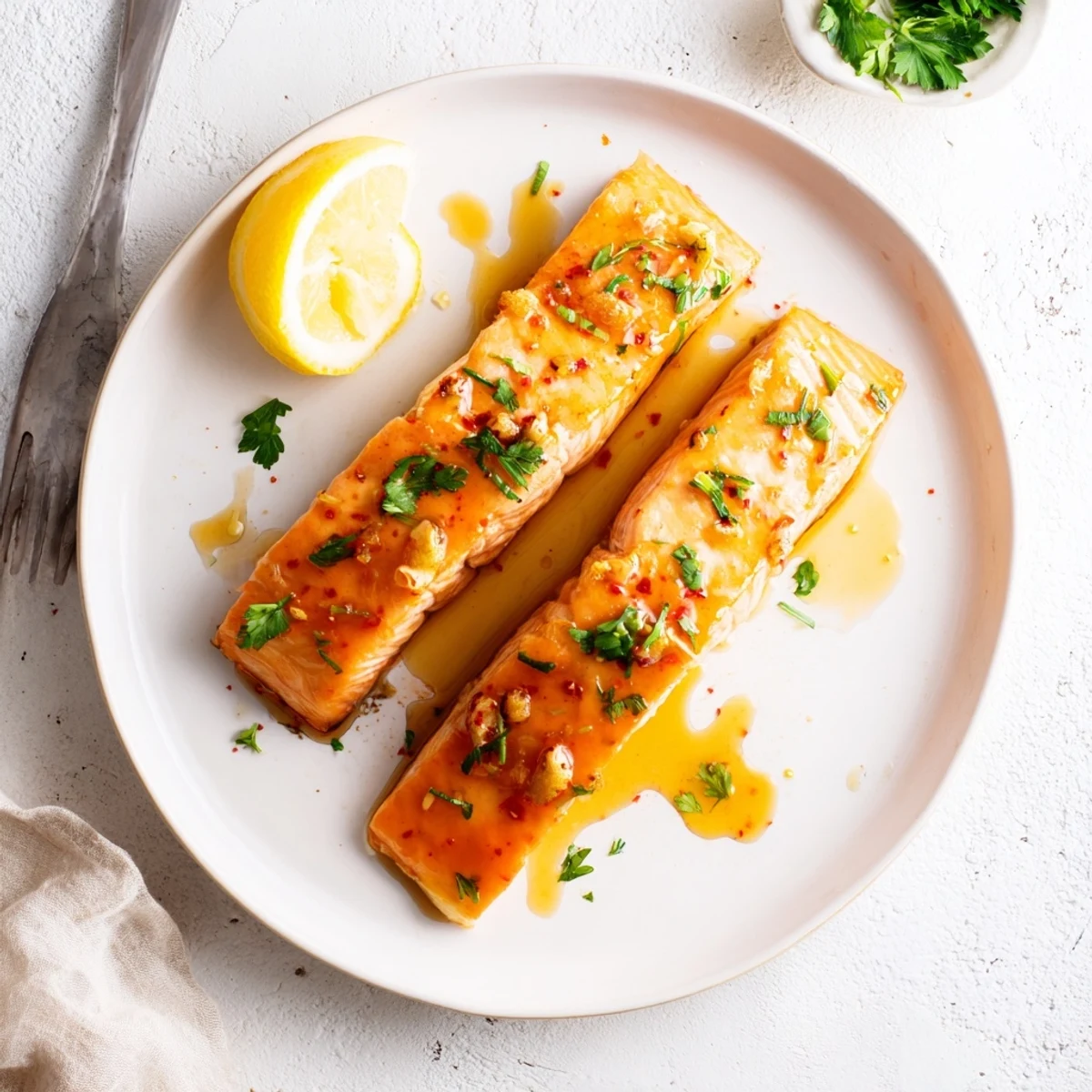 Sticky, spicy Hot Honey Glazed Salmon fillets fresh from the oven, garnished with parsley and lemon wedges on a rustic platter.