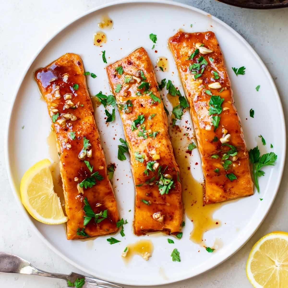 Hot Honey Glazed Salmon resting on parchment with a glossy, caramelized glaze, paired with fluffy rice and bright lemon slices.