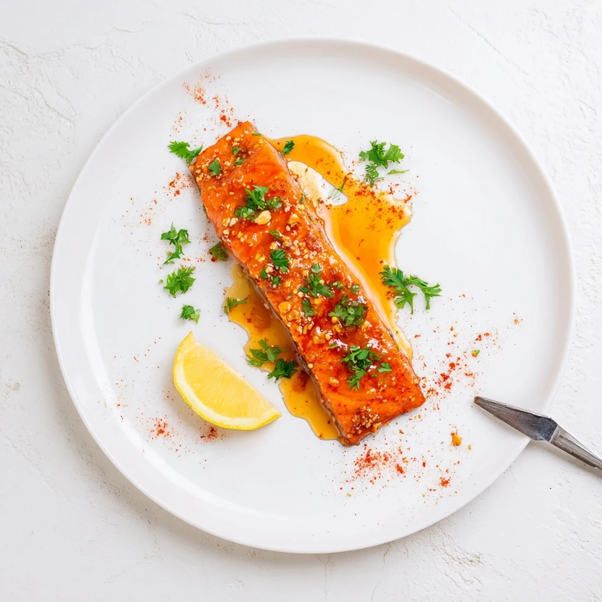 A close-up of Hot Honey Glazed Salmon highlighting flaky texture, a sweet and spicy glaze, and fresh herbs over a white plate.