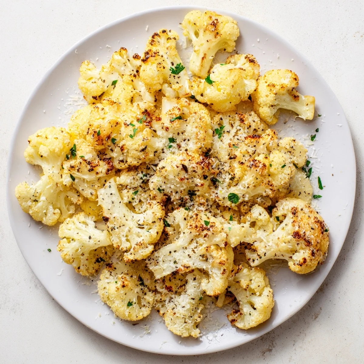 Freshly roasted Garlic Parmesan Cauliflower florets in a golden-brown, crispy coating are served warm from the oven, ready to be enjoyed as a healthy side dish or savory snack.