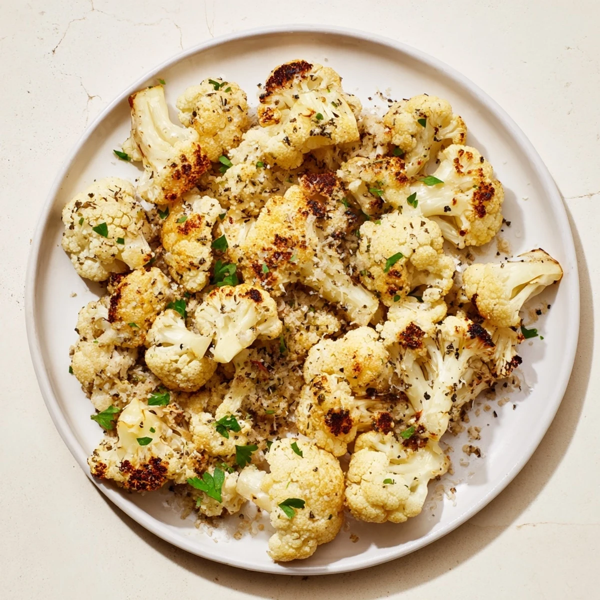 Tender cauliflower florets tossed with minced garlic and olive oil are roasted until caramelized and topped with melted, crispy Parmesan cheese, creating an irresistible savory flavor for any meal.