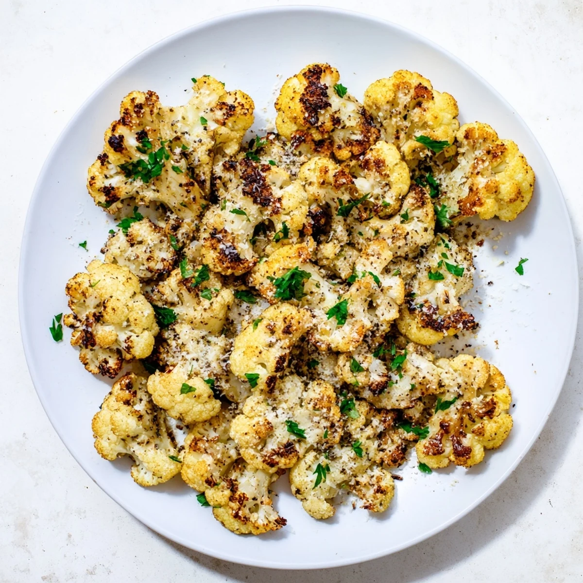 Garlic Parmesan Roasted Cauliflower garnished with fresh parsley on a rustic plate, highlighting the steam rising from the golden vegetables, perfect alongside grilled chicken or steak for a complete dinner.