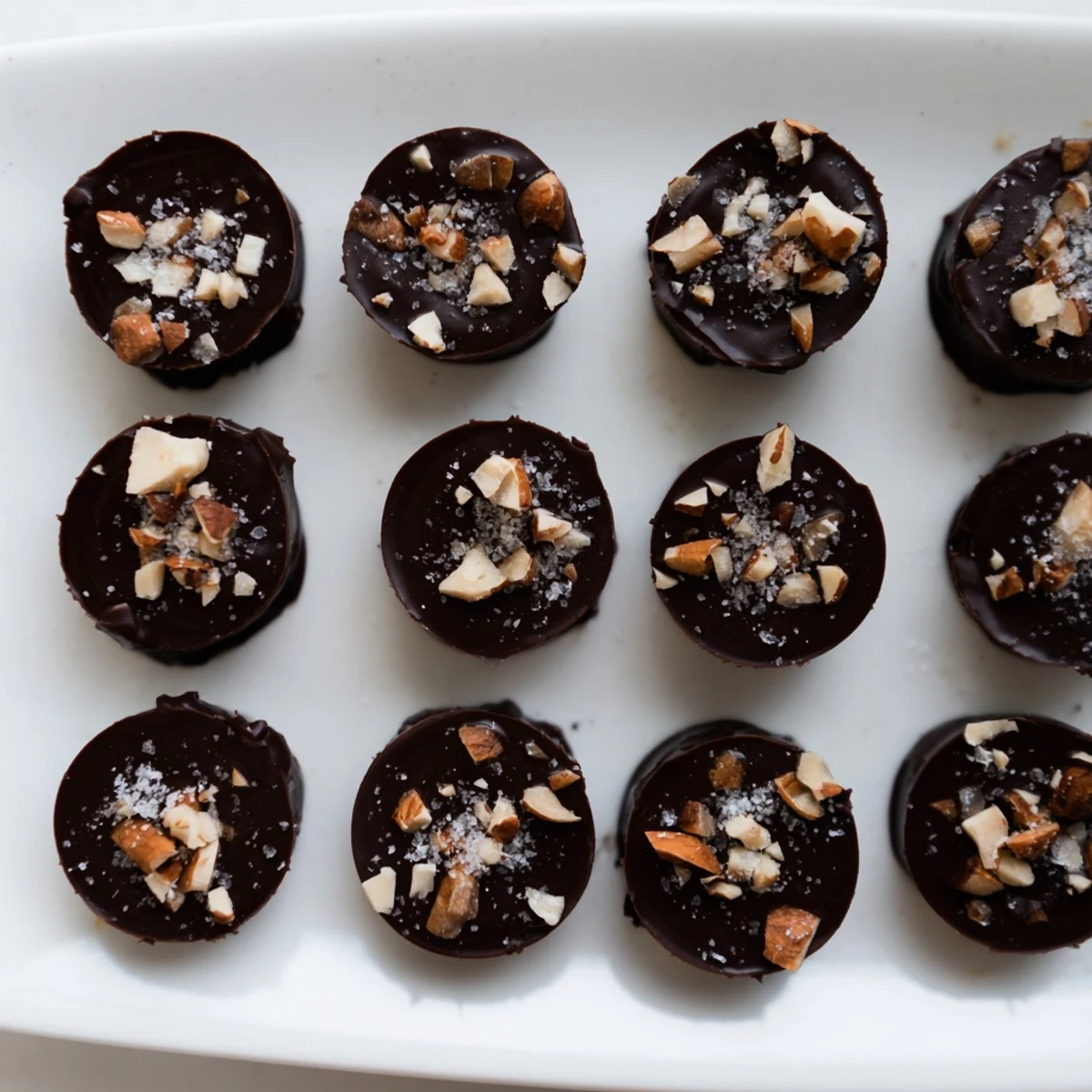 Dark chocolate almond butter bites with a smooth, shiny shell, sprinkled with roasted almonds and flaky salt on a chilled tray.