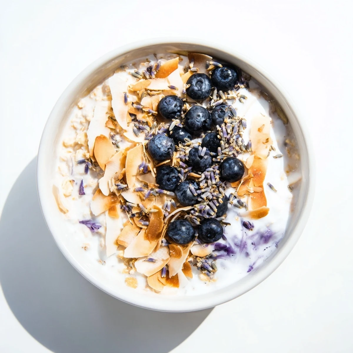 Creamy Blueberry Lavender Oat Breakfast Bowl garnished with fresh blueberries, toasted almonds, and a sprinkle of lavender in a white bowl.