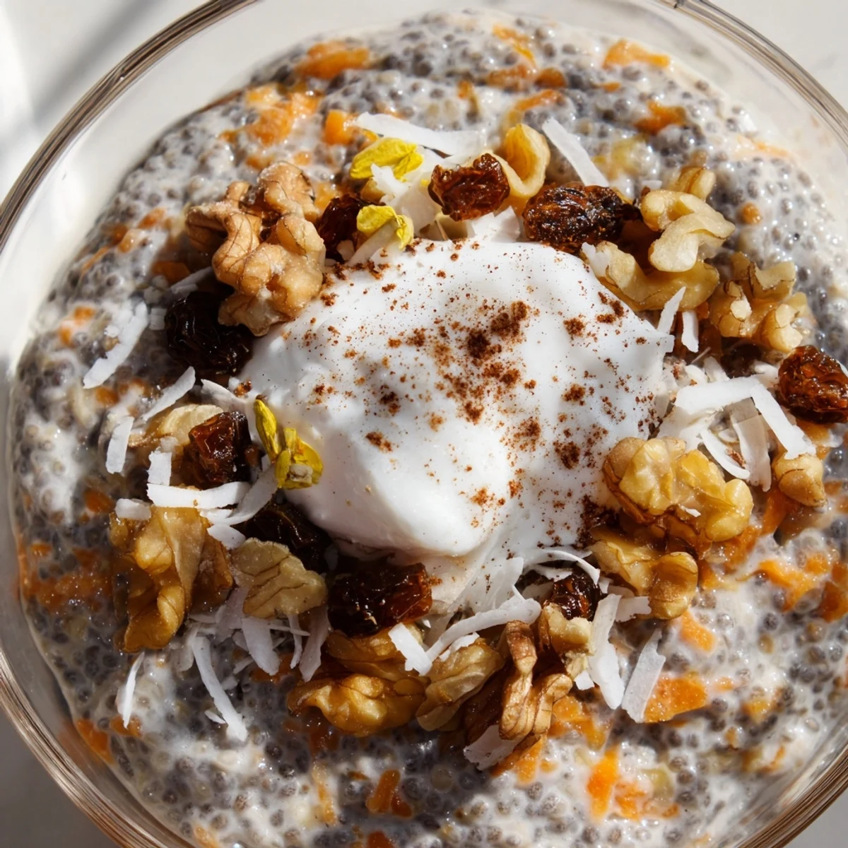 Creamy carrot cake chia pudding layered in a glass, topped with chopped walnuts and shredded coconut for a cozy breakfast.