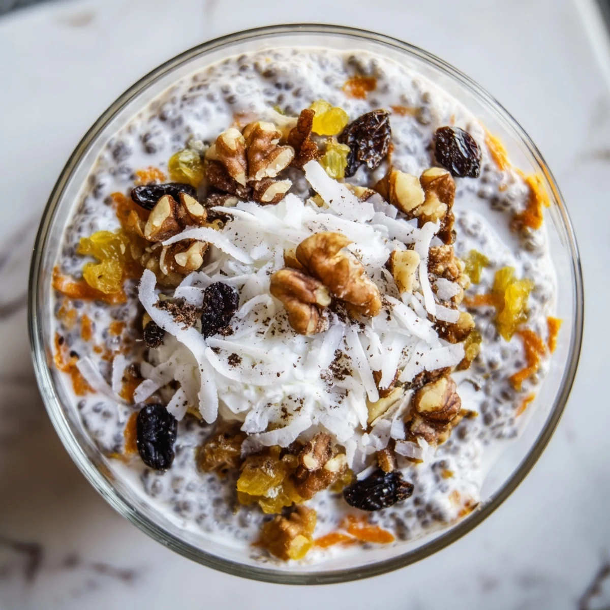 Spiced chia pudding with grated carrots, raisins, and walnuts, served chilled in a clear glass for a healthy dessert.