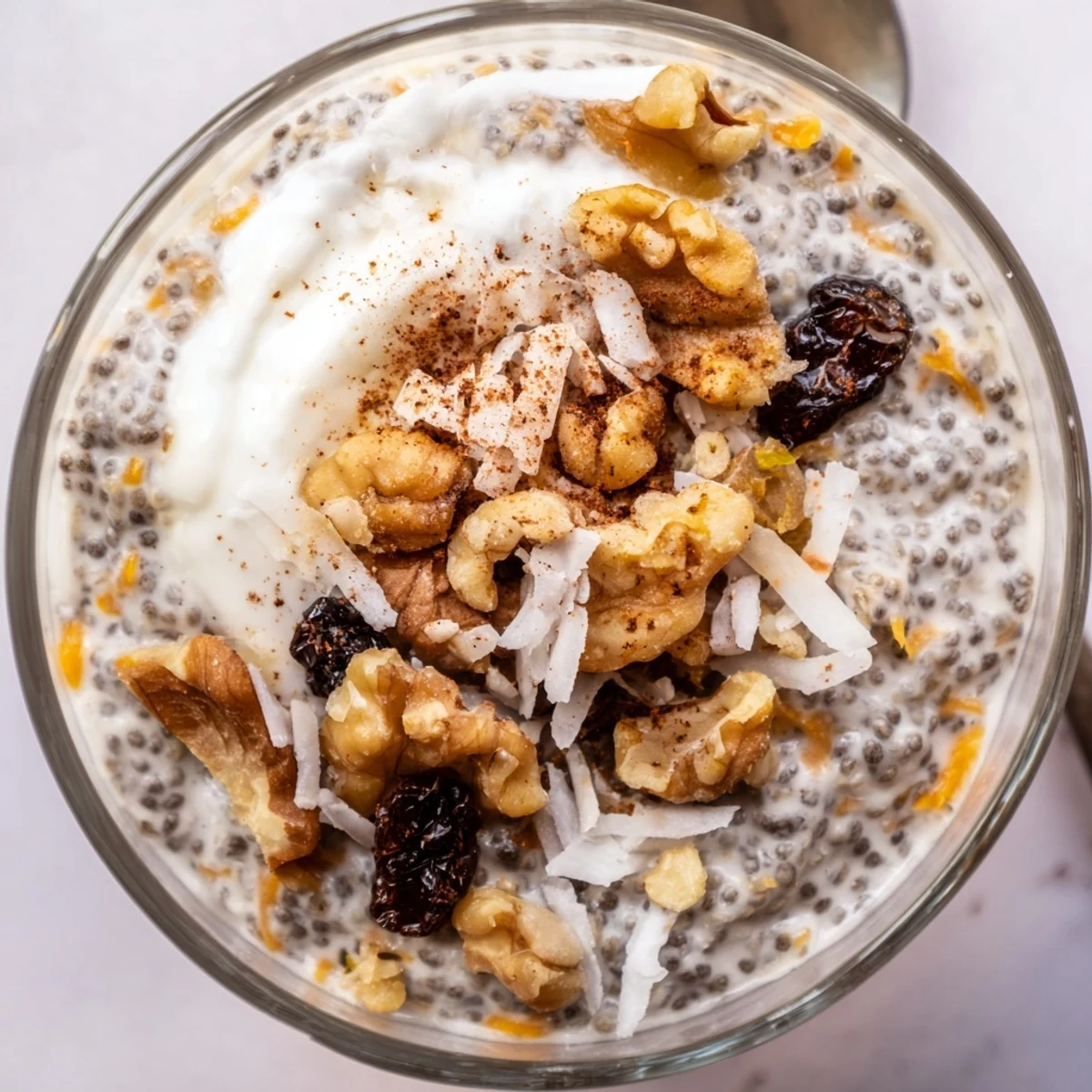 Healthy carrot cake chia pudding in a dessert glass, garnished with shredded coconut and walnuts for extra crunch.