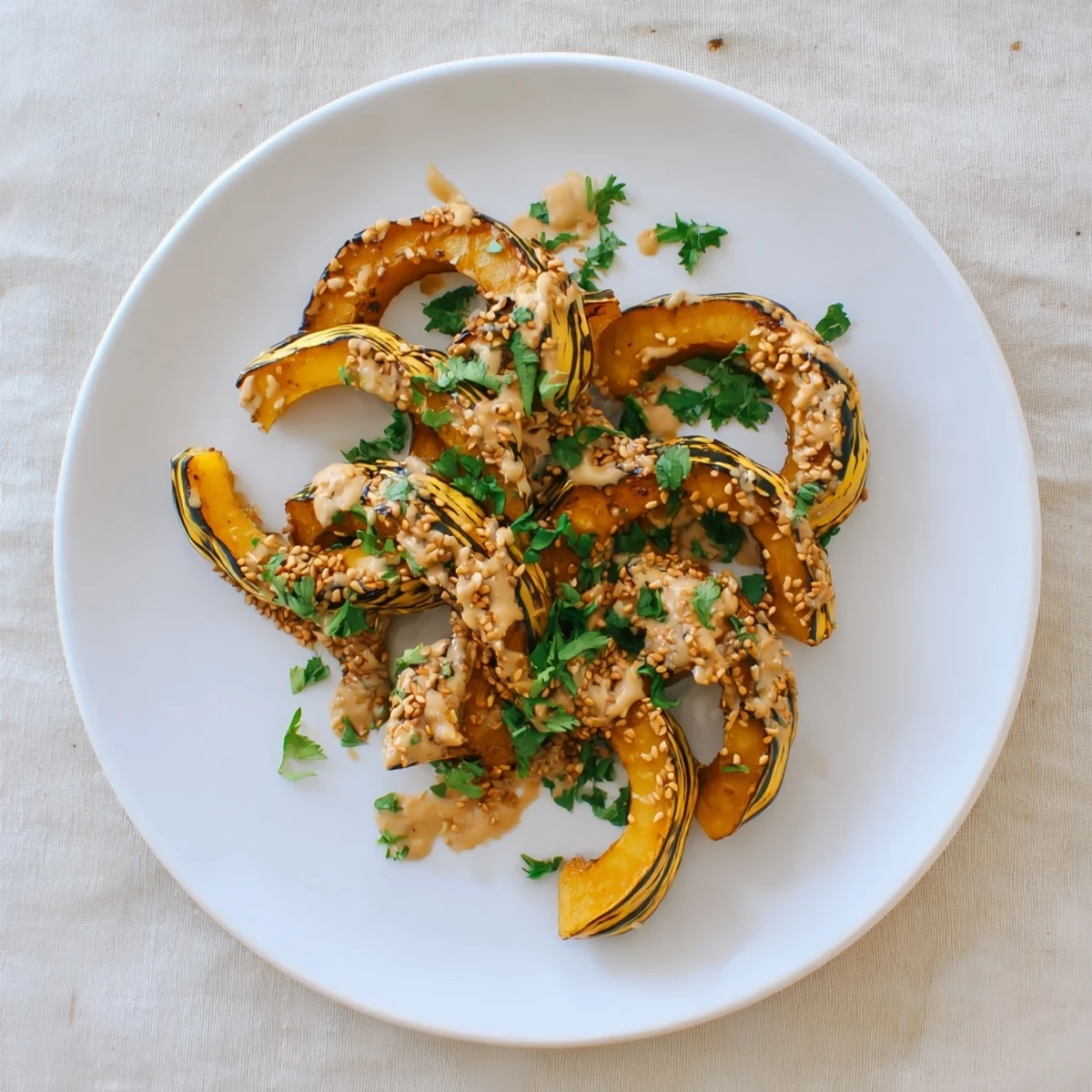 Golden roasted delicata squash slices fanned on a platter with creamy tahini drizzle and fresh parsley garnish.  