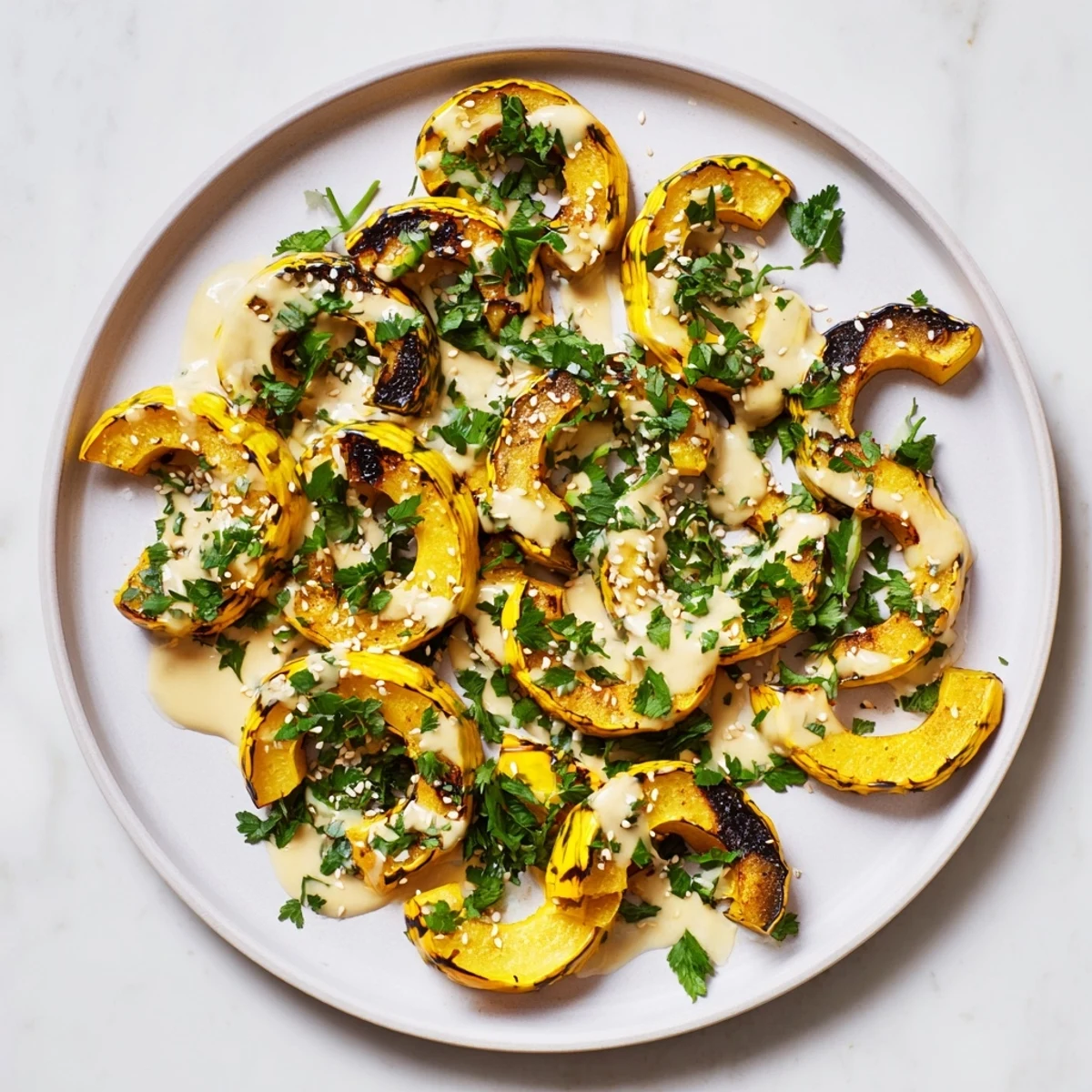 Vibrant roasted delicata squash with tahini drizzle served warm beside a colorful salad bowl.  