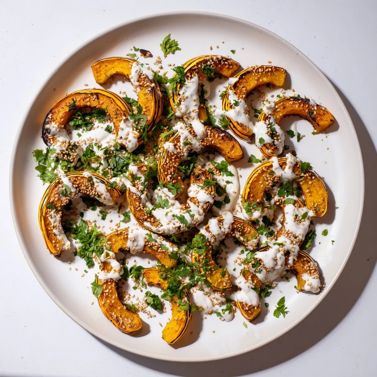 Close-up of roasted delicata squash rings glazed with lemon-tahini sauce and toasted sesame seeds.