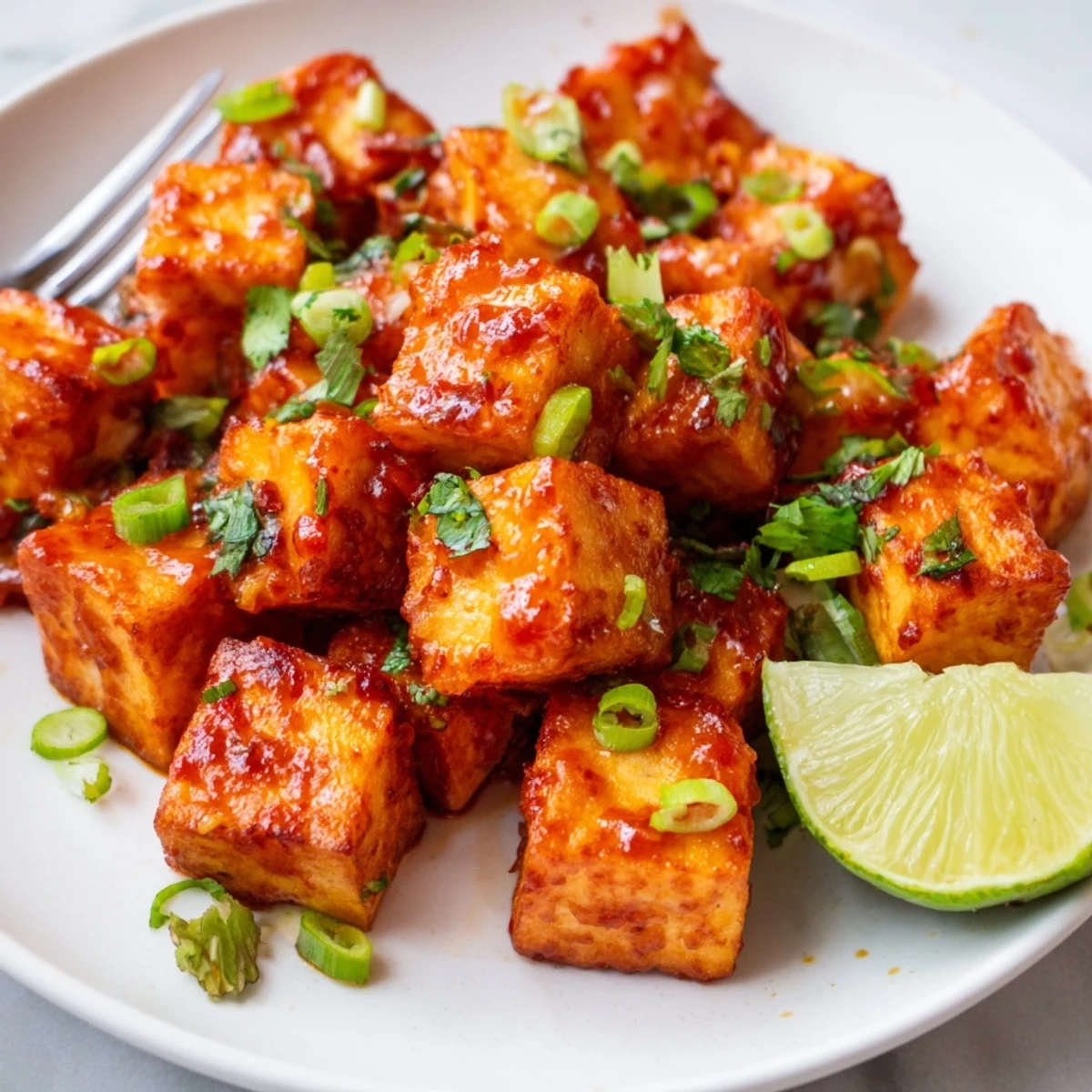 Golden-brown crispy tofu bites coated in zesty chili lime sauce, garnished with cilantro and lime wedges on a white plate.