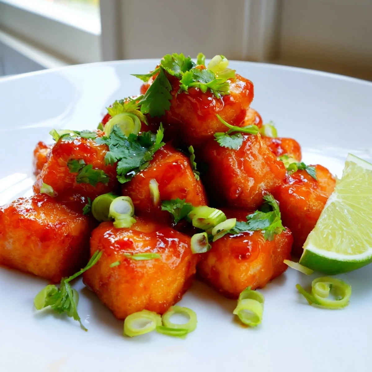 Crispy Chili Lime Tofu Bites glisten with a sweet and tangy sauce, served warm as a perfect vegan appetizer.