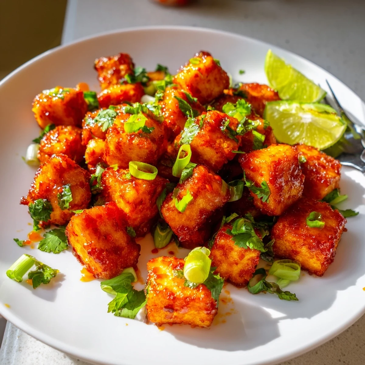 Golden fried tofu cubes tossed in vibrant chili lime glaze, topped with fresh green onions for a festive snack.