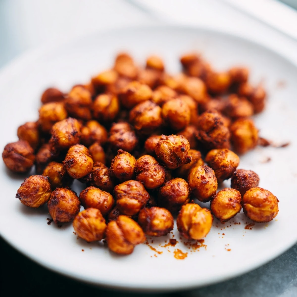 Freshly roasted Smoky Paprika Roasted Chickpeas spill from a ceramic bowl, ideal for topping a vibrant Mediterranean salad.