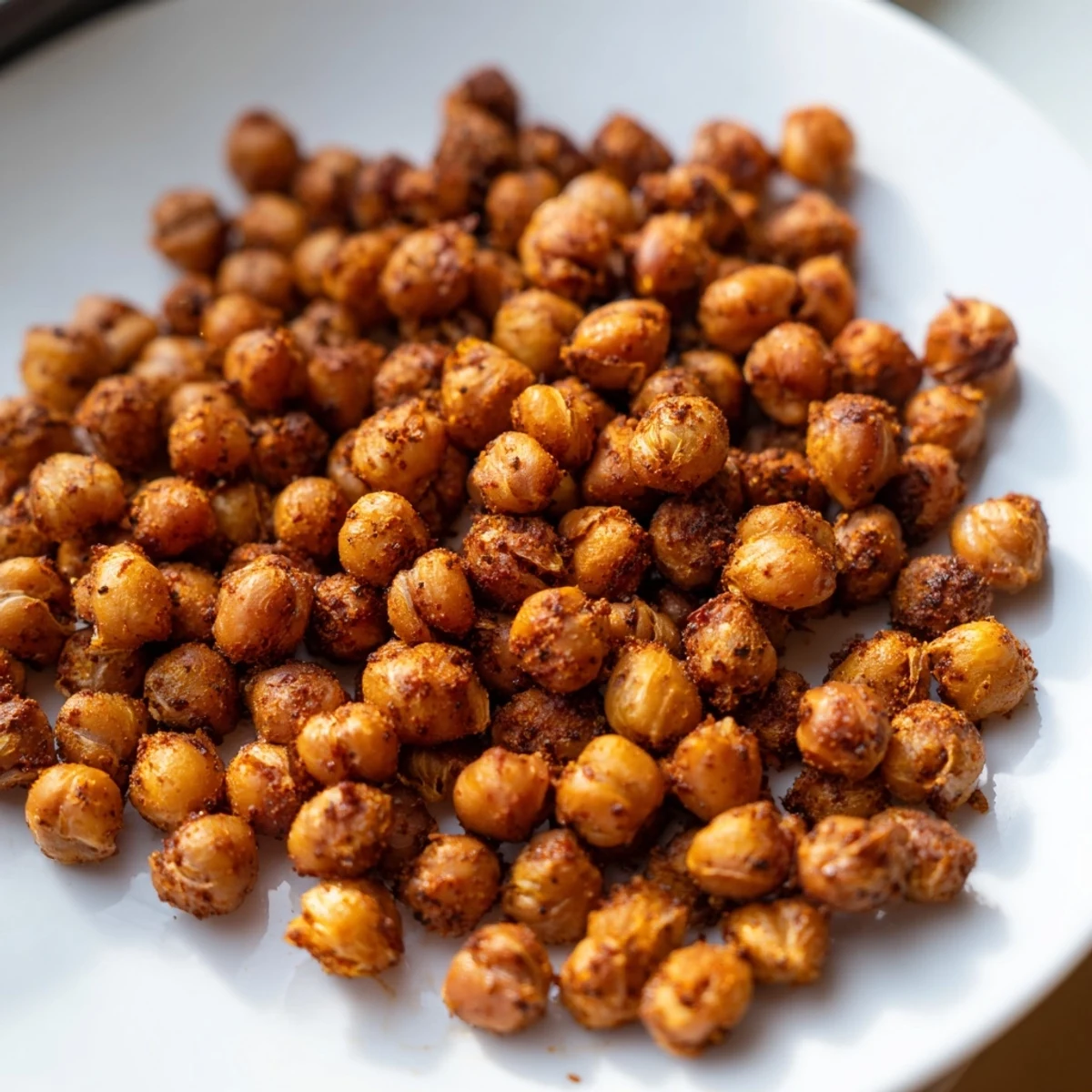 A rustic plate of Smoky Paprika Roasted Chickpeas shows off their crunchy texture and rich, smoky color.