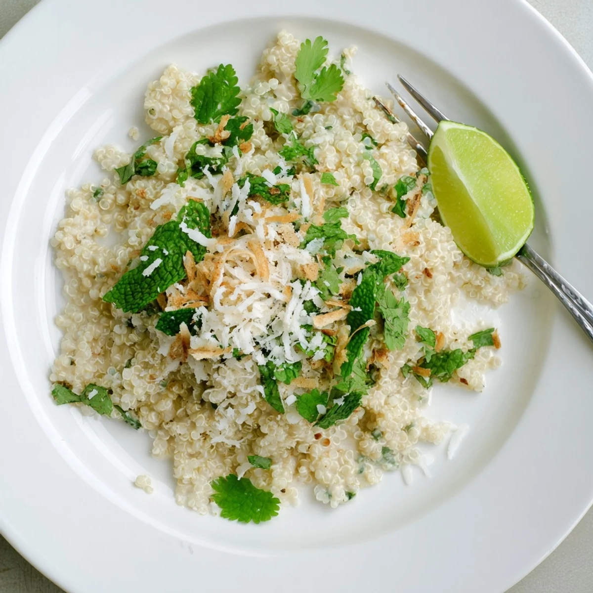 Fluffy quinoa soaked in creamy coconut milk with fresh lime and vibrant herbs, garnished with toasted coconut.