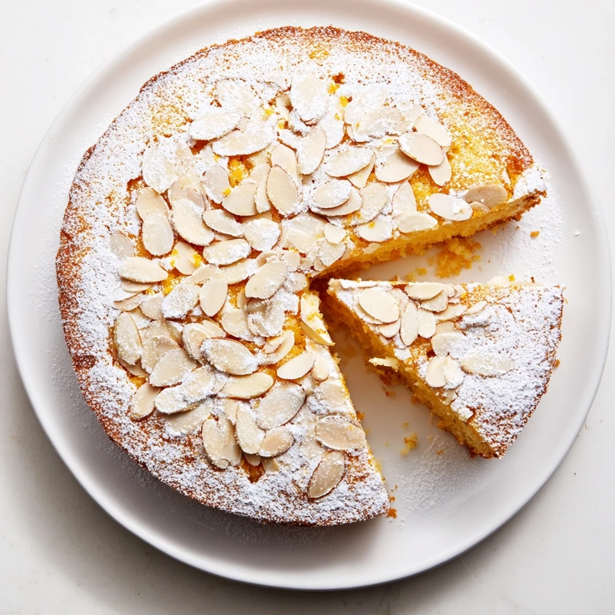 A beautifully baked orange blossom almond cake with edible flowers and a golden crust, served on a dessert plate.
