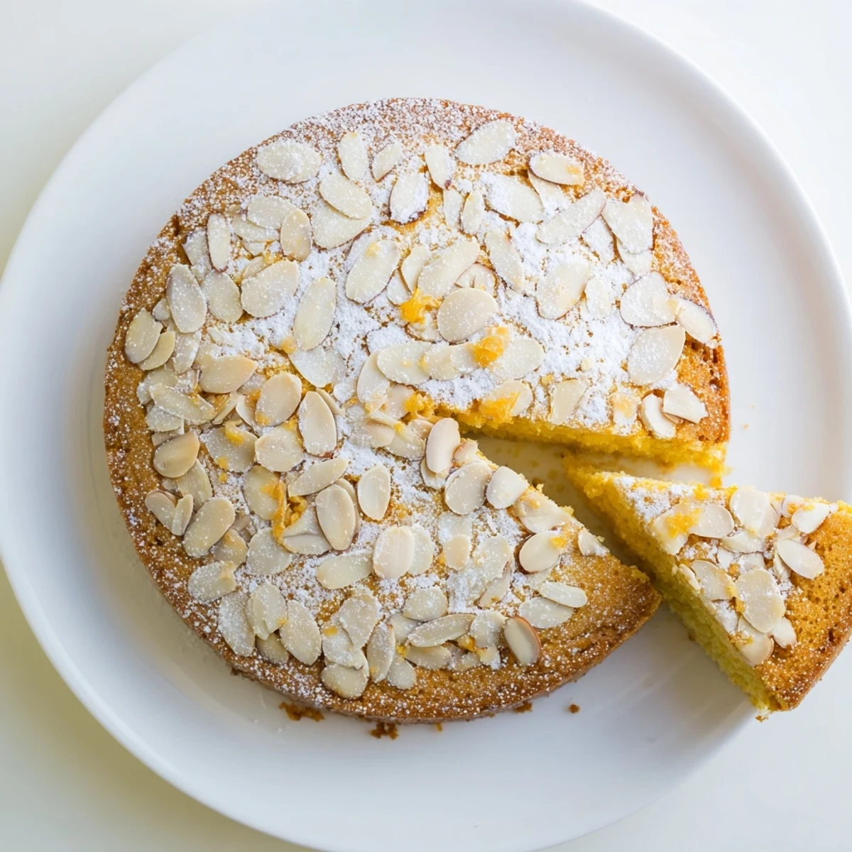 A close-up slice of moist orange blossom almond cake with sliced almonds and a dusting of powdered sugar.