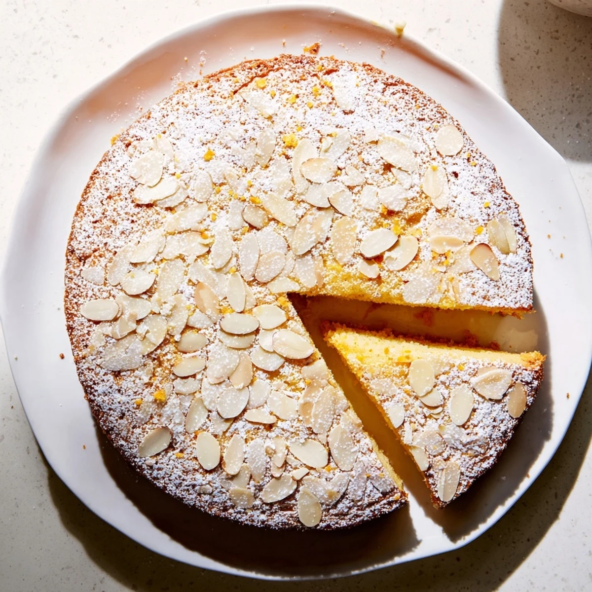 Golden orange blossom almond cake topped with sliced almonds and zest, ready to be served for afternoon tea.