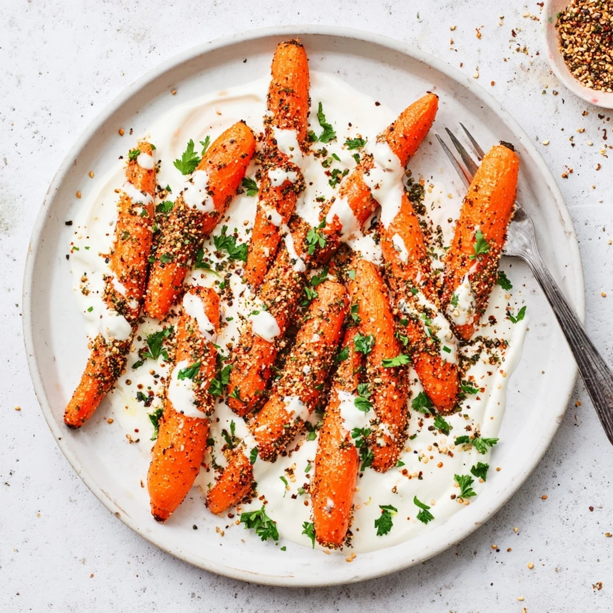 Golden roasted carrots coated in zaatar spices sit on a platter with a creamy yogurt drizzle and fresh herbs.
