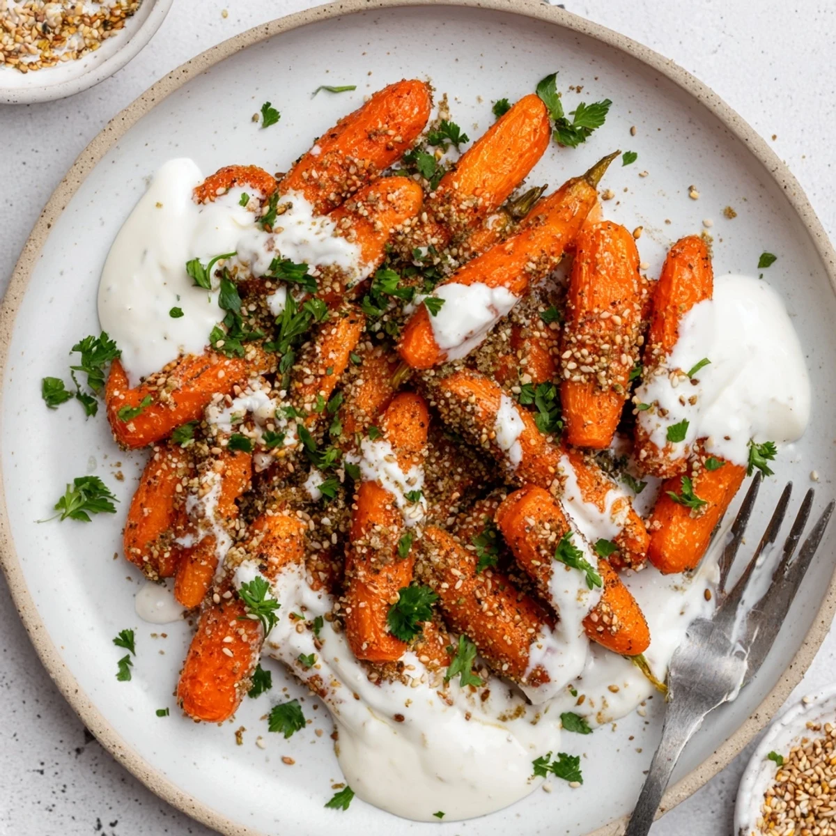 Vibrant orange carrots roasted with zaatar and topped with tangy Greek yogurt sauce, parsley, and sesame seeds.