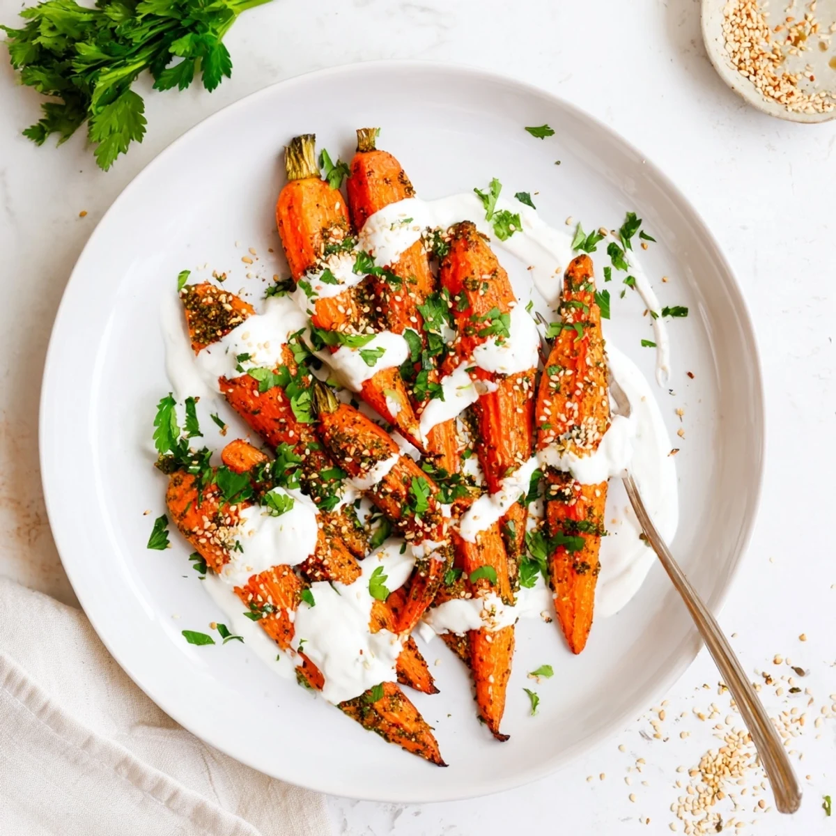 Warm Middle Eastern roasted carrots with fragrant zaatar crust, finished with garlic yogurt drizzle and chopped cilantro.