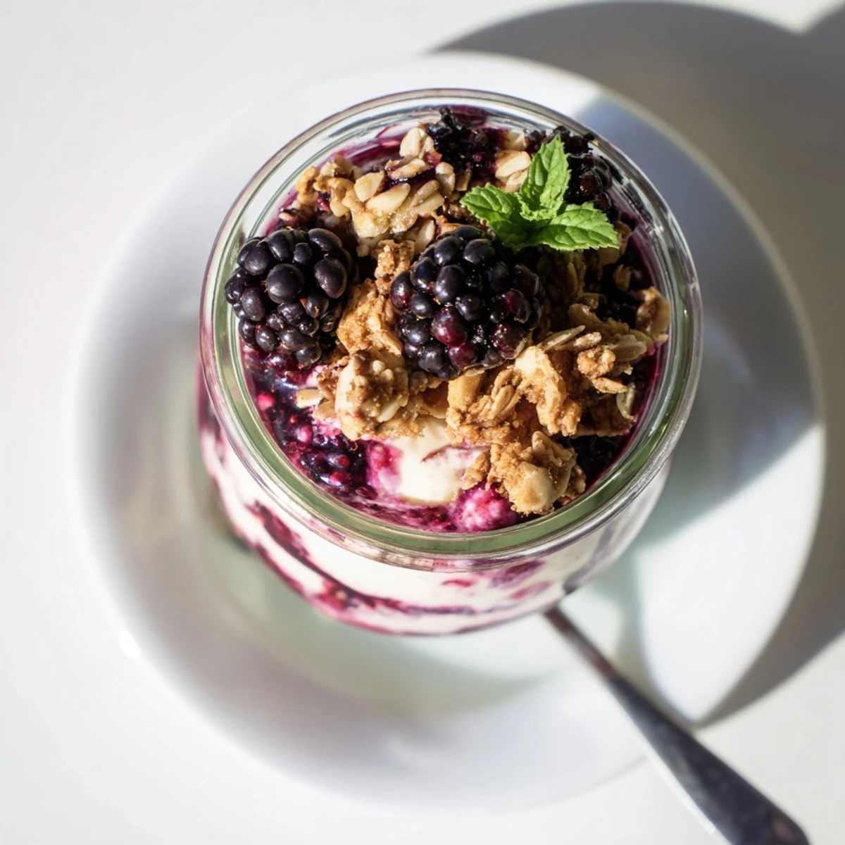 Cold spoonfuls of Blackberry Vanilla Chia Parfait topped with fresh berries and mint.