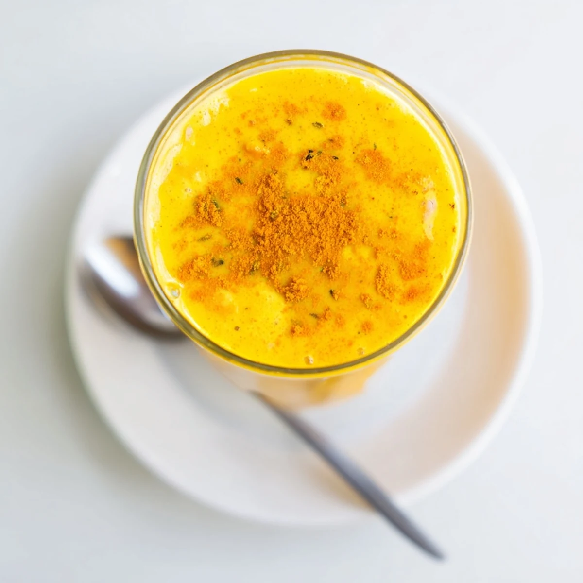 Creamy golden mango turmeric lassi smoothie in a glass, with a sprinkle of cardamom and a straw, on a bright kitchen counter.