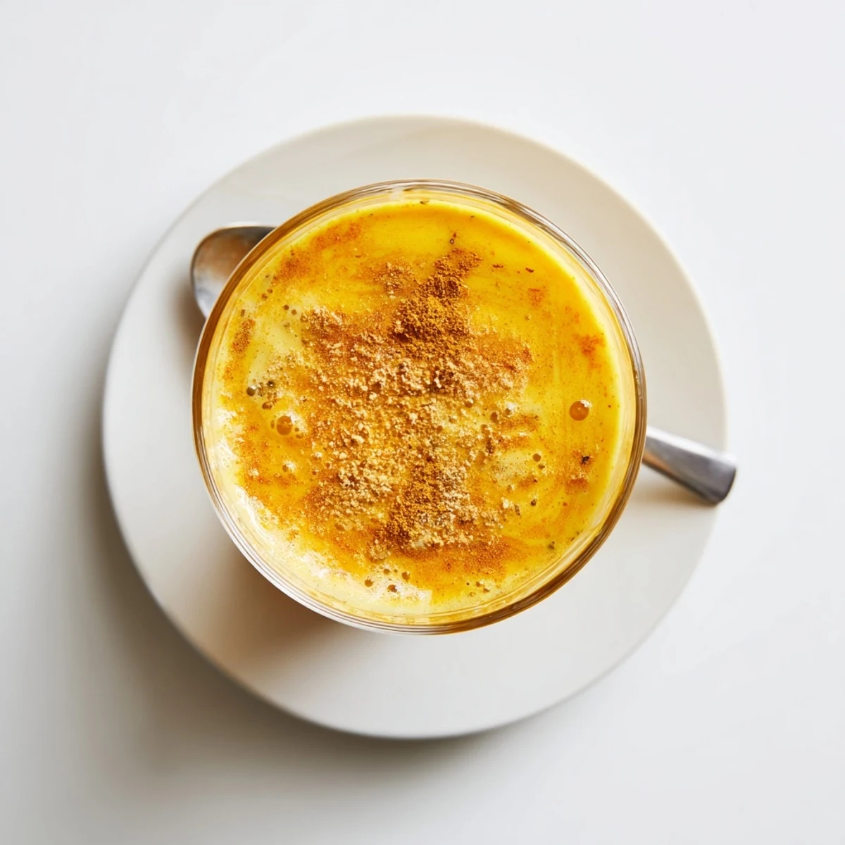 A vibrant blender pitcher of mango turmeric lassi smoothie, with turmeric dusting and a slice of mango beside a wooden table.