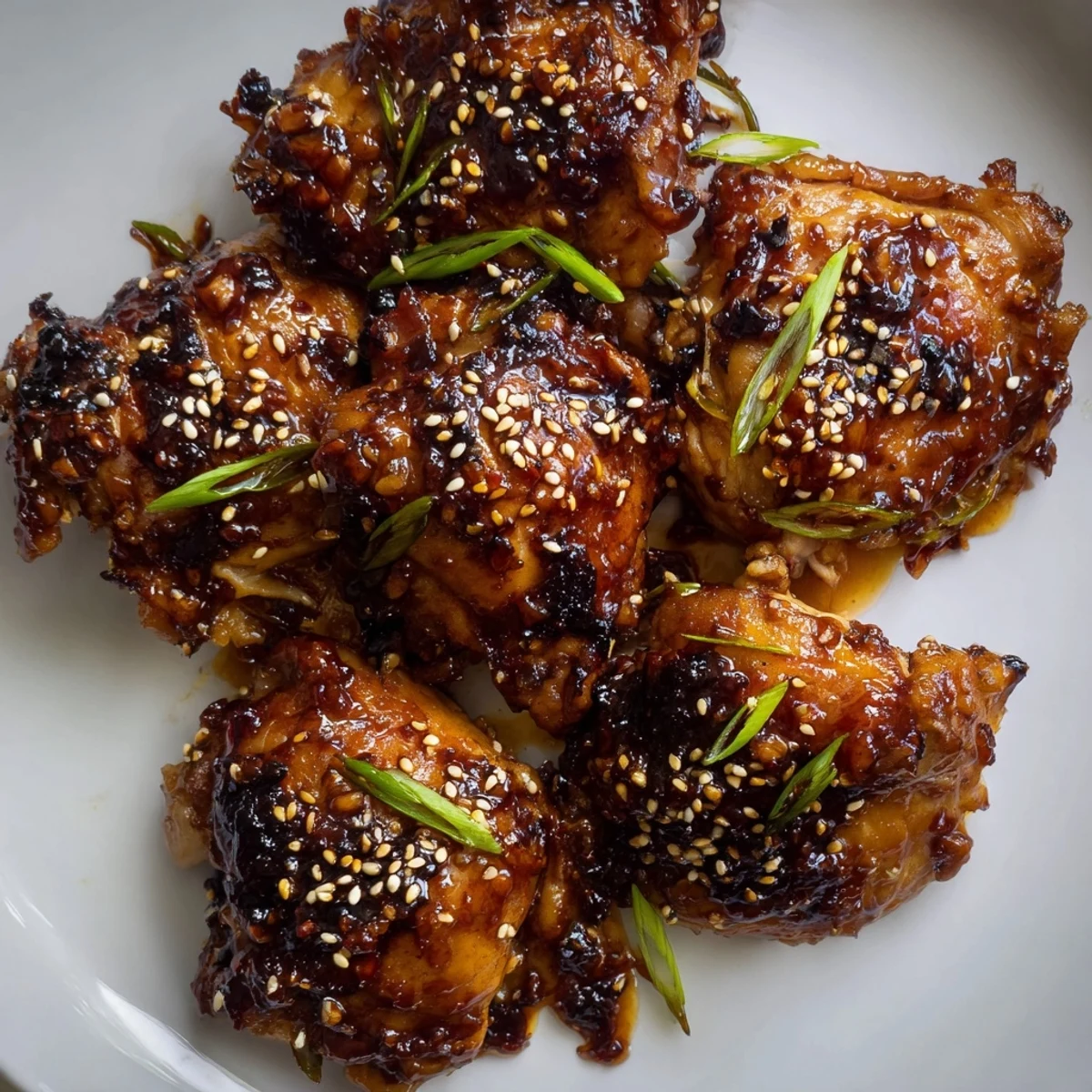 Crispy glazed chicken thighs coated in a sticky sweet chili crisp honey glaze on a white plate.