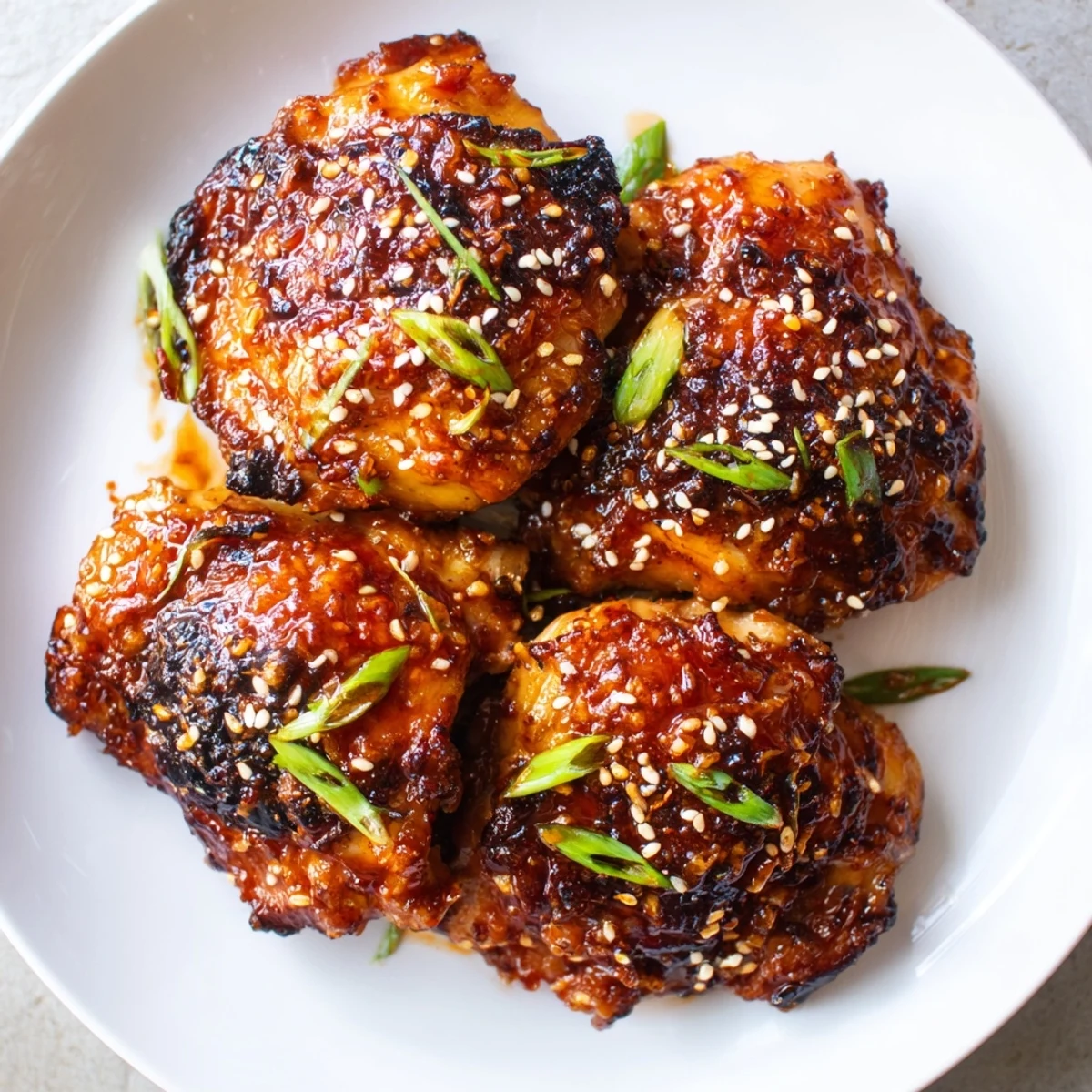Sliced tender chicken thighs glazed with chili crisp honey glaze garnished with scallions and sesame seeds.