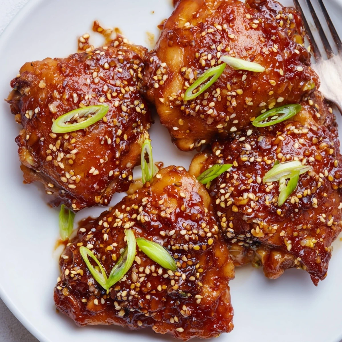 Golden brown chili crisp honey glazed chicken thighs served alongside steamed rice and fresh vegetables.