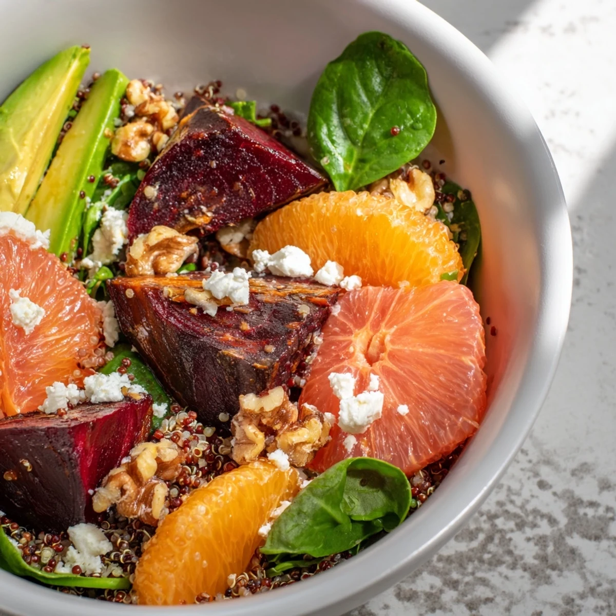 A vibrant plate of the Roasted Beet and Citrus Grain Bowl with glistening beets and bright citrus segments.