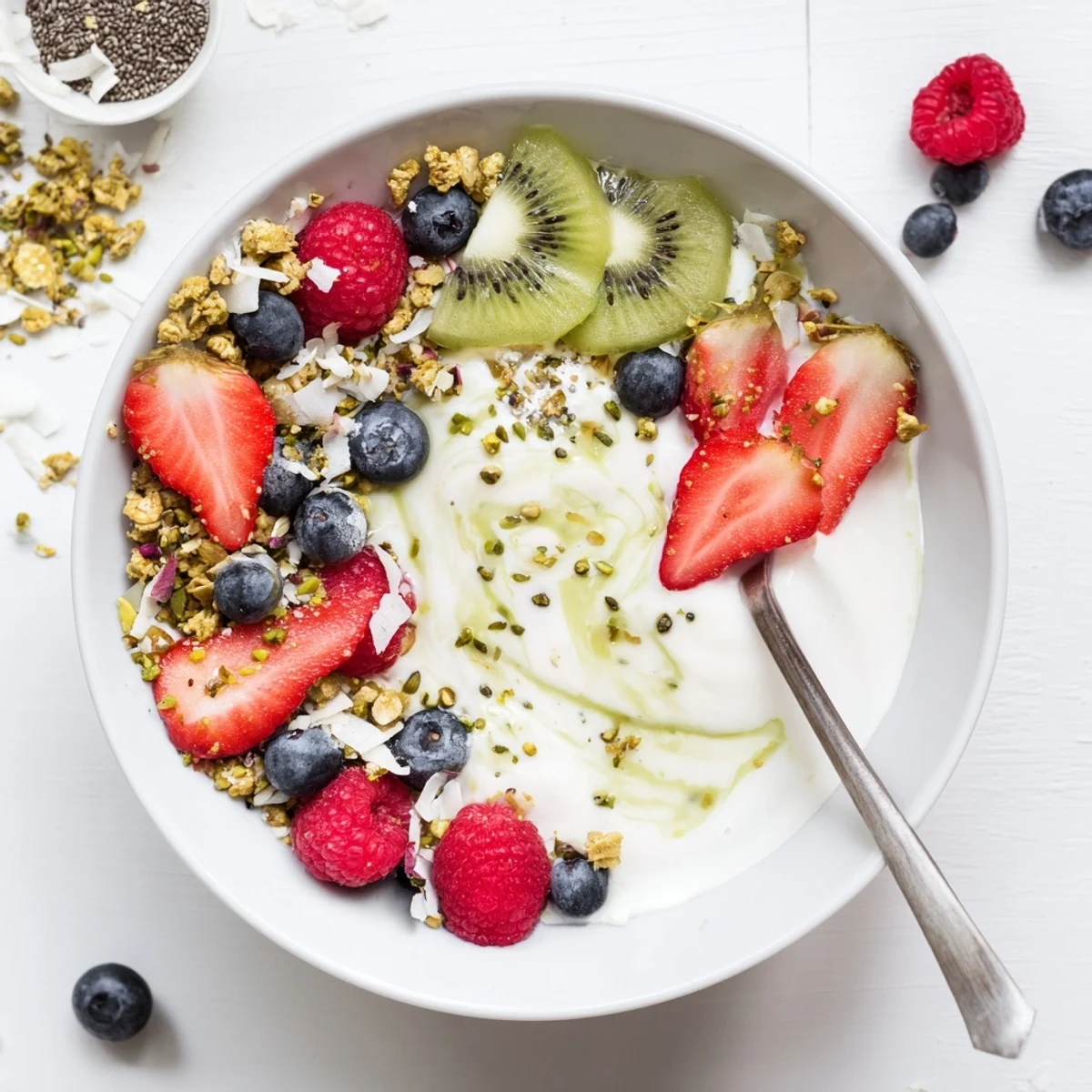 Creamy pistachio cream yogurt breakfast bowl topped with fresh berries and crunchy granola.
