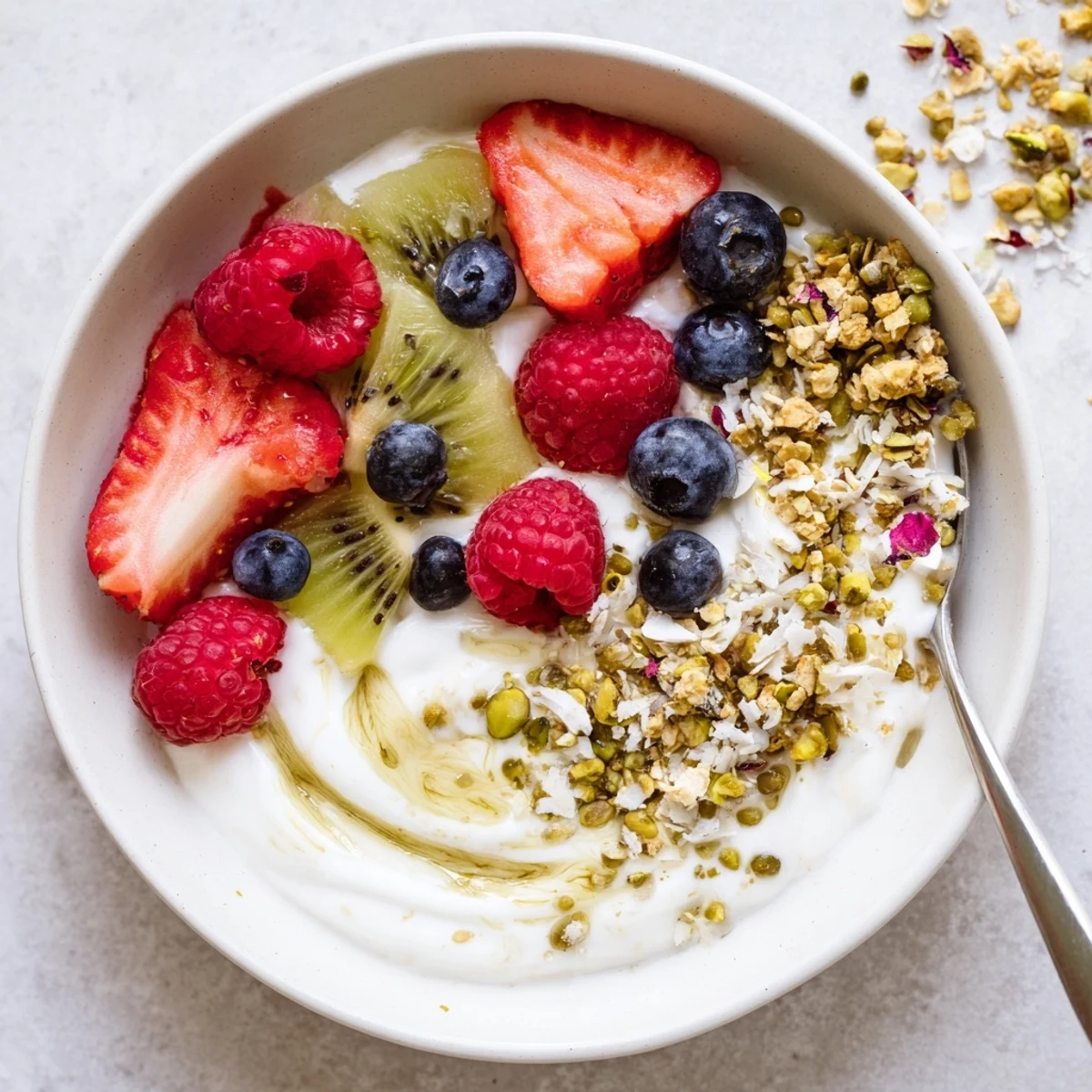 Pistachio cream yogurt breakfast bowl drizzled with honey and garnished with pistachios.