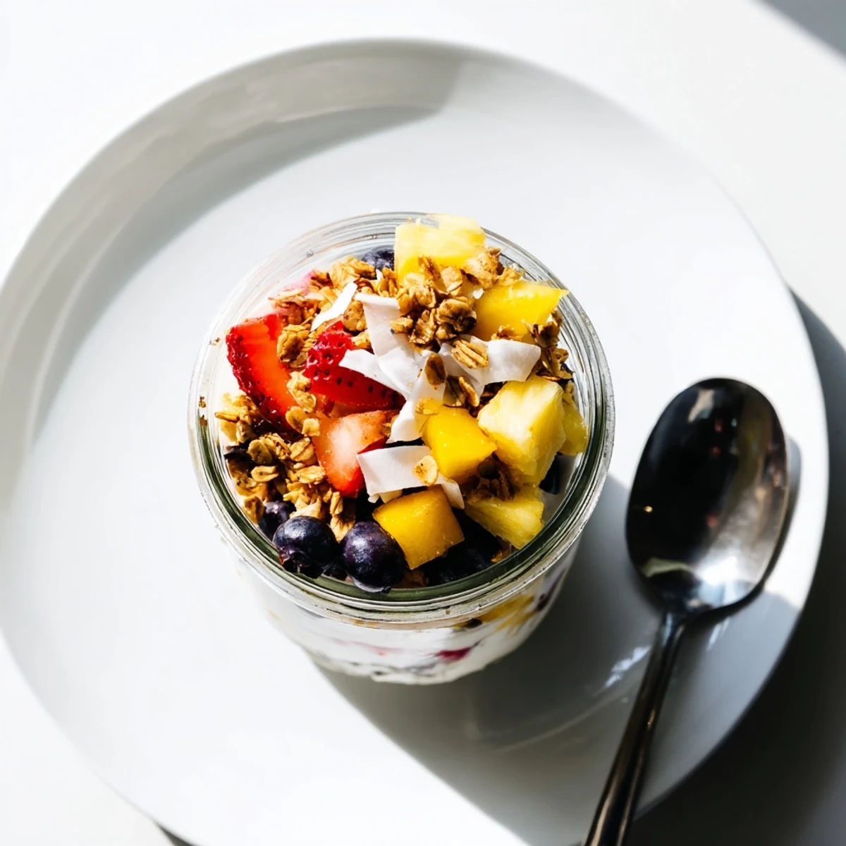Layered Vanilla Bean Coconut Yogurt Parfait topped with fresh pineapple and strawberries, ready to serve.