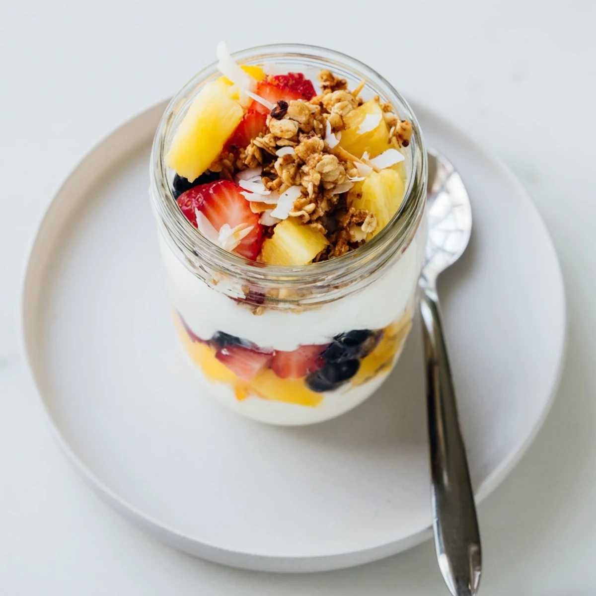 Creamy Vanilla Bean Coconut Yogurt Parfait in a glass with mango, blueberries, and crunchy granola.